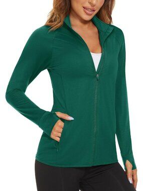 Womens Emerald Green Full-zip High Neck Side Pockets Long Sleeve Athletic Jacket